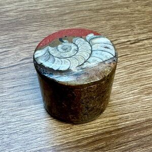 Polished Ammonite Lid Fossil Jewelry Trinket Jar Marble Ring Box 1 5/8" x 1 7/8"